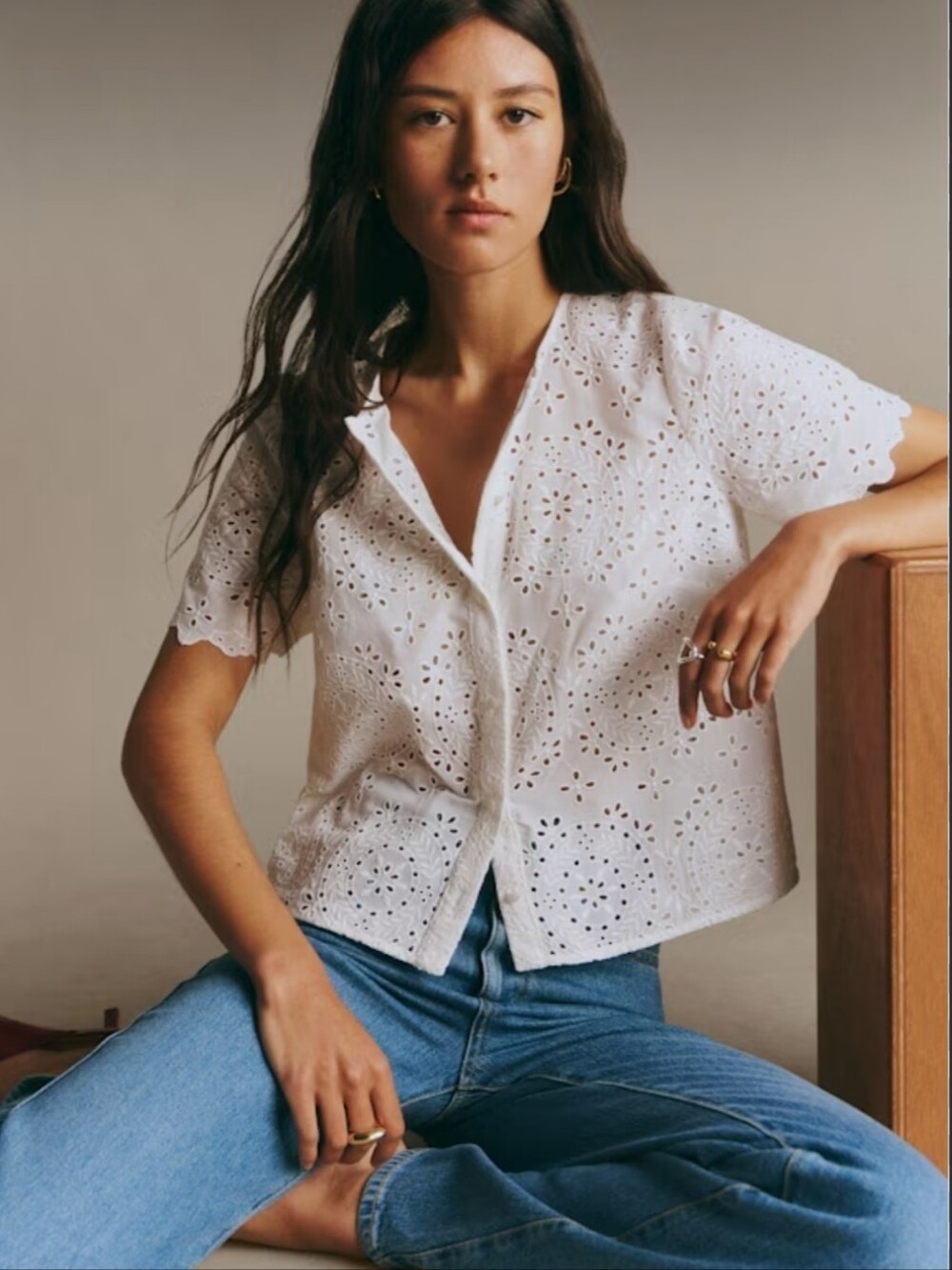Sezane Manon Shirt in Embroidered Ecru Size 38 Medium